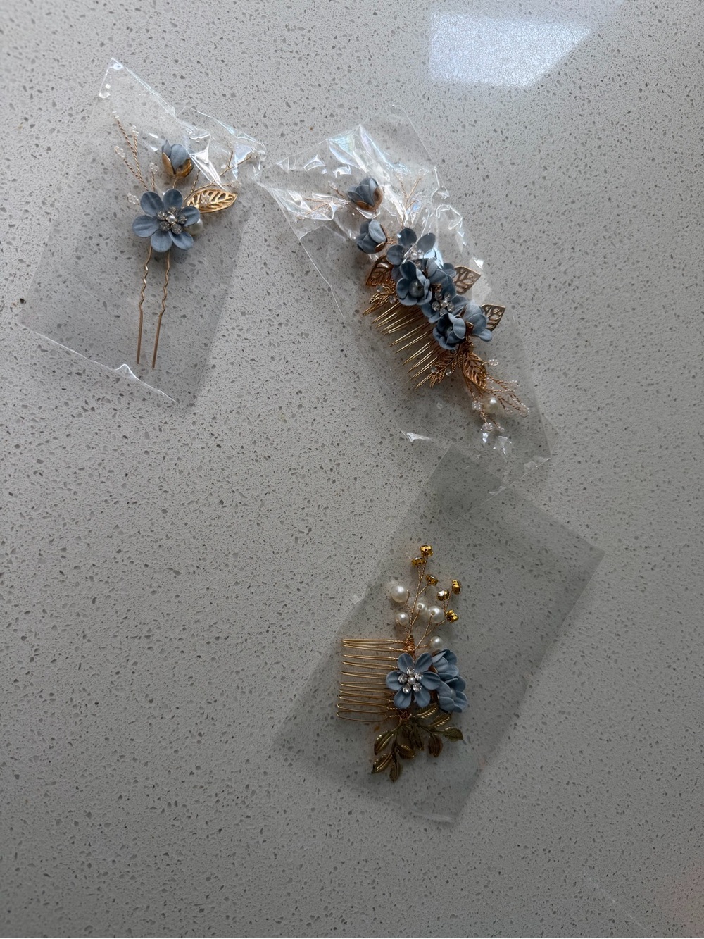 Gold Floral Hair Comb Set with Blue Flowers